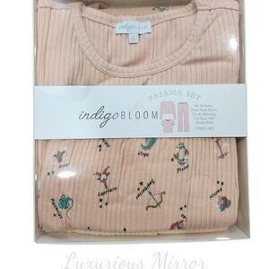 Indigo Bloom Zodiac Sign Printed Short Sleeve Top Pant 3 PC Peach Set Women's L